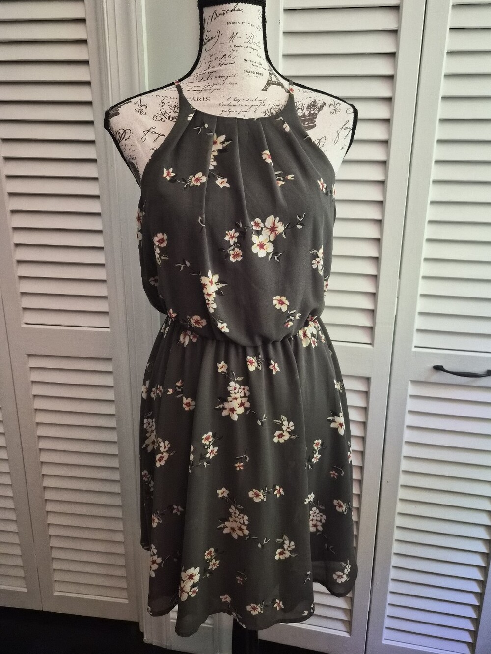 Dark Olive Floral Halter Dress